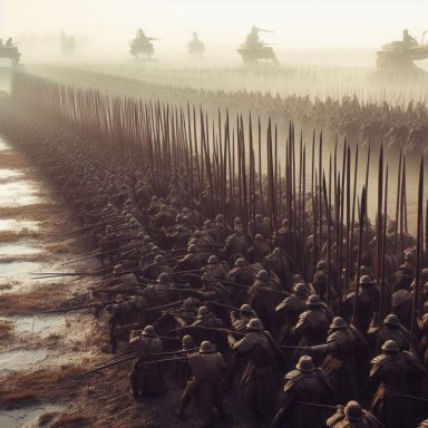 Formaciones de soldados con lanzas en un campo de batalla, con tanques al fondo. Artanix Legend I.