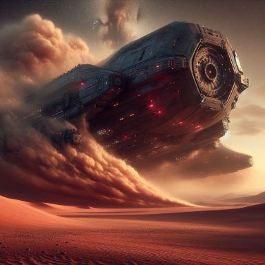 Nave espacial despegando sobre un paisaje desértico con nubes de polvo. Artanix Legend I.