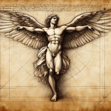 Esquema de un hombre alado con proporciones ideales, inspirado en el arte renacentista. Artanix Legend I.