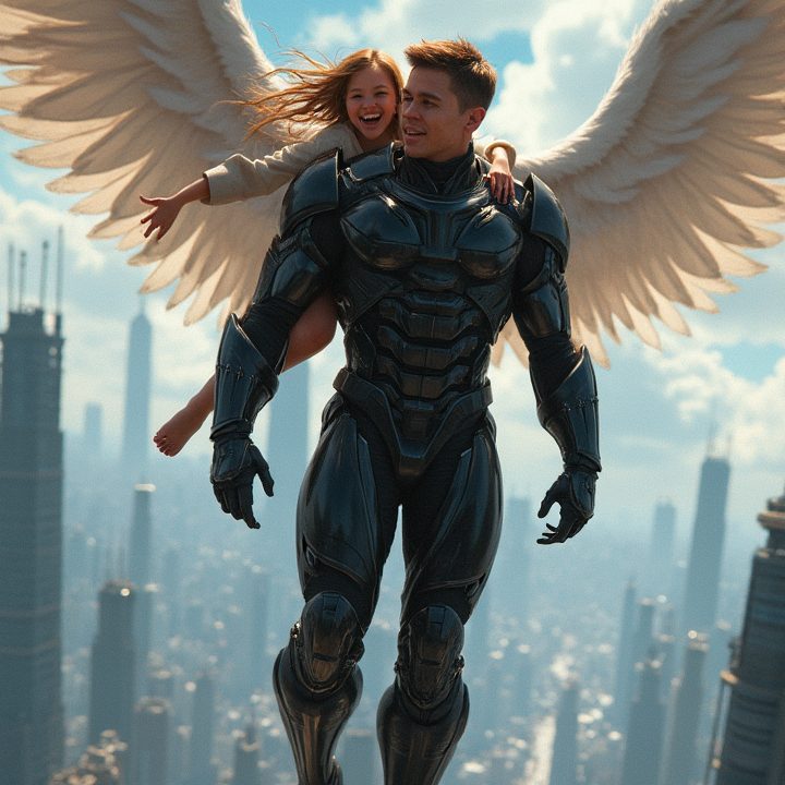 Hombre con alas sostiene a una niña en la espalda, fondo de ciudad futurista.