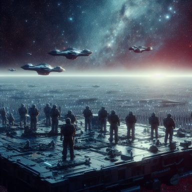 Escenario espacial con naves y figuras humanas en una plataforma sobre un paisaje extraterrestre. Artanix Legend I.