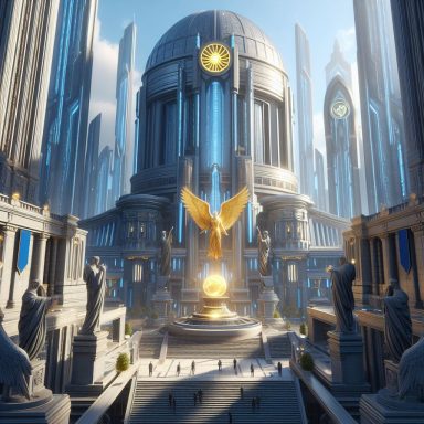 Escena futurista con una fuente luminosa y estatuas en un entorno arquitectónico majestuoso. Artanix Legend I.