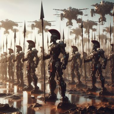 Robots con armaduras de guerreros, alineados en un paisaje apocalíptico. Artanix Legend I.
