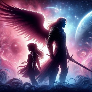 Siluetas de un guerrero y una guerrera con alas, en un fondo espacial vibrante. Artanix Legend I.