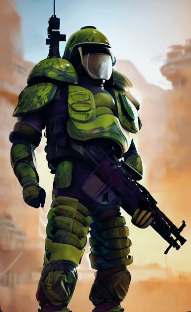 Soldado futurista con armadura verde y morada, sosteniendo un rifle en un paisaje desértico. Artanix Legend I.