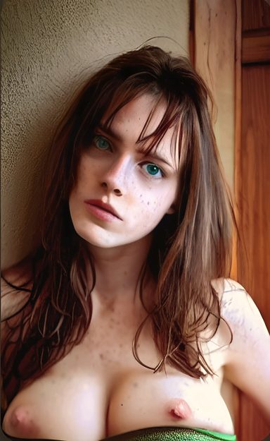 Retrato de una mujer con cabello castaño oscuro y mirada intensa, de pie junto a una pared. Artanix Legend I.