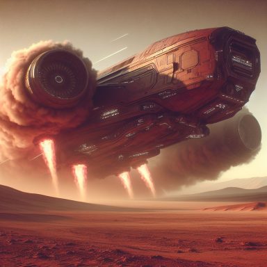 Nave espacial despegando sobre un paisaje desértico con humo y llamas. Artanix Legend I.