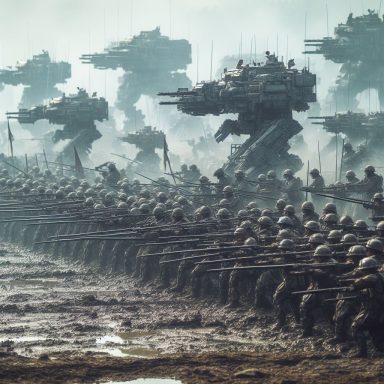 Tropa militar y máquinas de guerra avanzando en un campo de batalla cubierto de barro. Artanix Legend I.