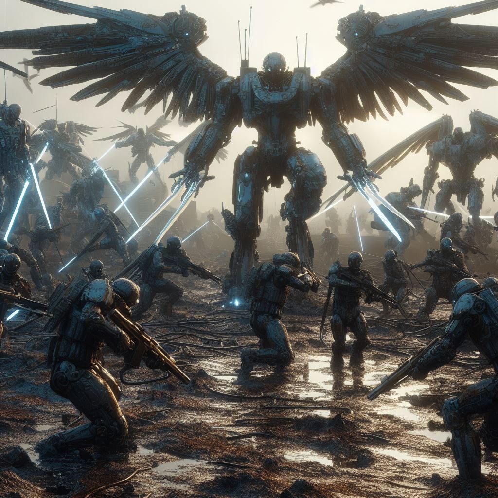 Un robot gigante con alas rodeado de soldados con armas en un paisaje desolado.
