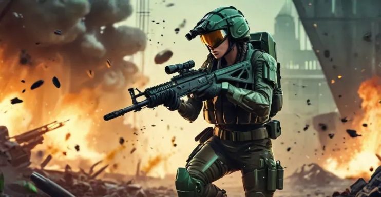 Soldado con armamento en un entorno de guerra, con explosiones y escombros alrededor. Artanix Legend I.