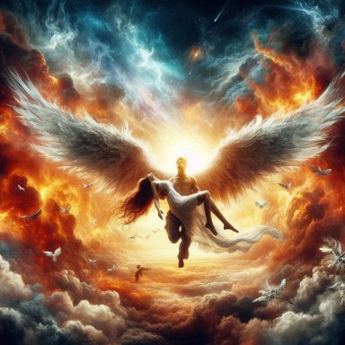 Ángel llevando a una mujer entre nubes y luces brillantes con tonos cálidos. Artanix Legend I.