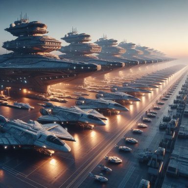 Flota de naves espaciales en un puerto futurista al amanecer. Artanix Legend I.