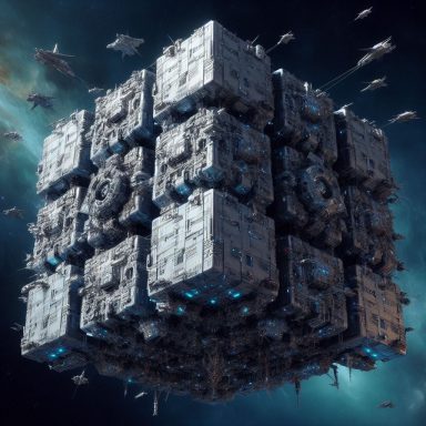Cubo futurista flotante en el espacio, rodeado de naves espaciales. Artanix Legend I.
