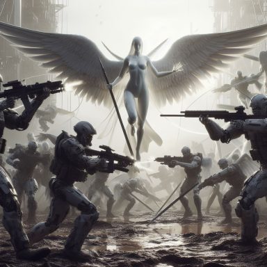 Soldados armados enfrentan a una figura alada en un paisaje postapocalíptico. Artanix Legend I.