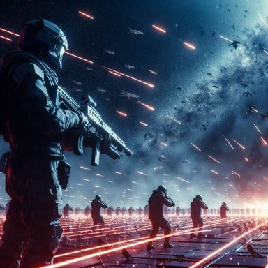 Soldados con armas en un paisaje espacial, bajo estrellas y rayos de luz. Artanix Legend I.