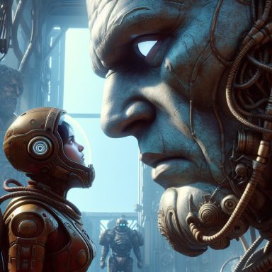 Una niña con casco se enfrenta a un gigante robótico en un entorno futurista. Artanix Legend I.
