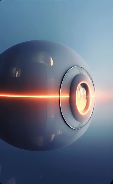 Esfera futurista con un ojo brillante y un rayo de luz horizontal. Artanix Legend I.